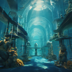 Underwater city with transparent tunnels.