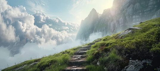 Goal to success for level up with pathway line or step route to mountain - obrazy, fototapety, plakaty