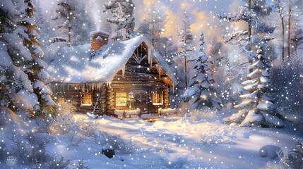 Snow-covered log cabin in a winter wonderland
