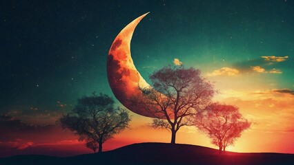 Obraz na płótnie Canvas A crescent moon and star against a vibrant spring sunset, symbolizing Islamic faith