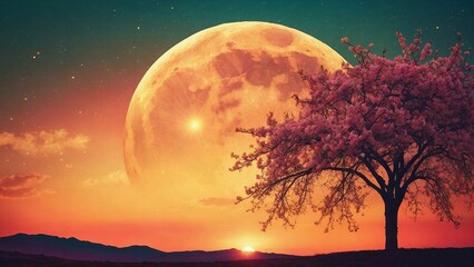 Symbol of islamic faith, a full moon and star against a vibrant spring sunset, symbolizing Islamic faith