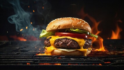 A sizzling, hot hamburger cheese patty grilled on the hot grill, medium rare, delicious, juicy beef...