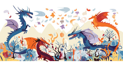 A whimsical pattern of dragons and knights battling