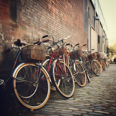 Vintage bicycles parked in a row.