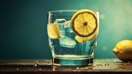 Refreshing drink, summer season, a glass of lemonade with condensation droplets and a slice of...