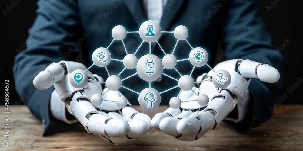 Fototapete artificial intelligence at work: a humanoid robot displays a network of digital management concepts,