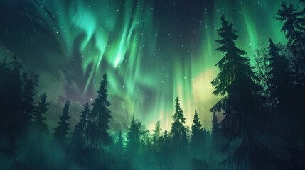 Vivid display of the northern lights in a forest setting