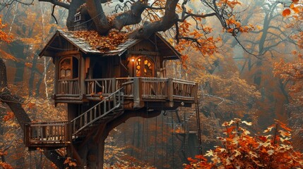 Whimsical treehouse nestled in autumn foliage