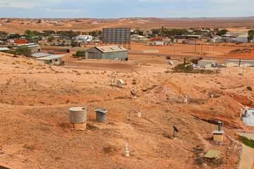 Aerial view of the Coober Pedy skyline in the outback of South Australia - Opal mining town in the...