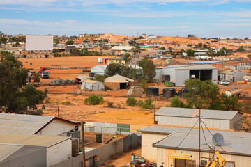 Aerial view of the Coober Pedy skyline in the outback of South Australia - Opal mining town in the...