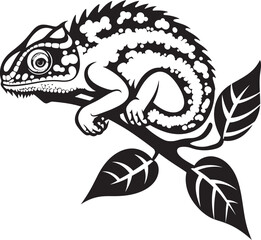 Obsidian Observer: Chameleon on Dark Twig Emblem Onyx Camo Climb: Black Chameleon Logo on Twig in Vector