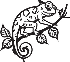 Obsidian Observer: Chameleon on Dark Twig Emblem Onyx Camo Climb: Black Chameleon Logo on Twig in Vector