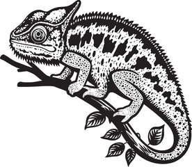 Camouflage Creep: Chameleon Silhouette on Dark Twig Icon Midnight Morph: Black Chameleon Logo on Twig Vector