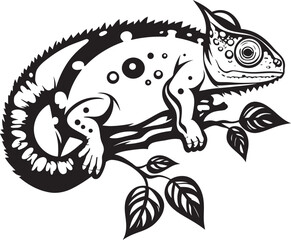 Midnight Mastery: Black Chameleon Logo on Twig Stealthy Scaler: Chameleon on Branch in Black Icon