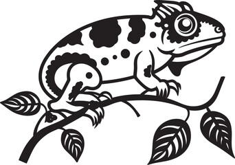 Noir Arboreal Adaptation: Black Chameleon Logo on Twig Vector Camouflage Creep: Chameleon Silhouette on Dark Twig Icon