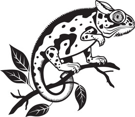 Midnight Morph: Black Chameleon Logo on Twig Vector Ebony Camo Crawler: Chameleon Icon on Black Twig Emblem