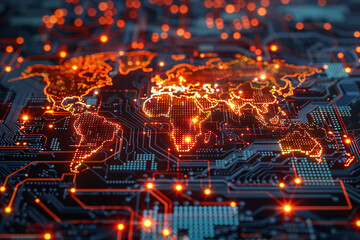 Obraz premium Digital world map on circuit board background with glowing red connections