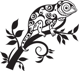 Ebony Camo Perch: Chameleon Icon on Black Twig Vector Stealthy Twig Percher: Black Chameleon Logo on Branch