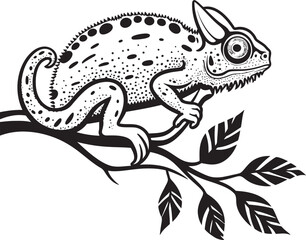 Stealthy Twig Percher: Black Chameleon Logo on Branch Obsidian Observer: Chameleon Silhouette on Dark Twig Vector