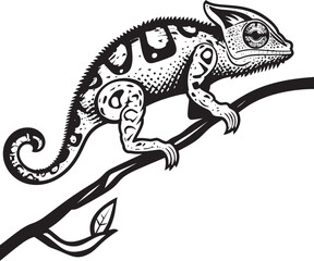 Shadow Shift: Chameleon Vector Logo on Twig in Black Noir Arboreal Adaptation: Black Chameleon Logo on Twig Vector