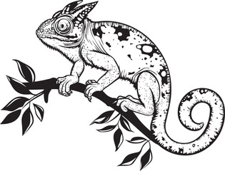 Obsidian Observer: Chameleon on Dark Twig Emblem Onyx Camo Climb: Black Chameleon Logo on Twig in Vector