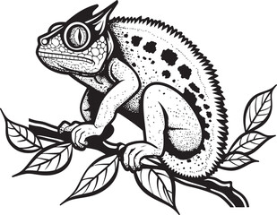 Onyx Camo Climb: Black Chameleon Logo on Twig in Vector Twilight Camouflage: Chameleon Silhouette on Black Twig Icon