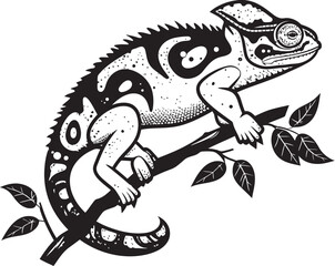 Shadow Shift: Chameleon Vector Logo on Twig in Black Noir Arboreal Adaptation: Black Chameleon Logo on Twig Vector