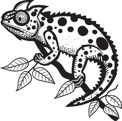 Obsidian Observer: Chameleon on Dark Twig Emblem Onyx Camo Climb: Black Chameleon Logo on Twig in Vector