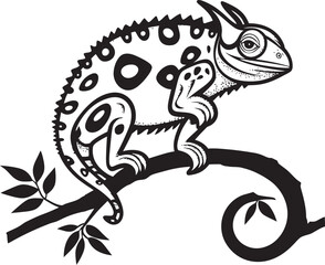 Twilight Camouflage: Chameleon Silhouette on Black Twig Icon Shadow Shift: Chameleon Vector Logo on Twig in Black