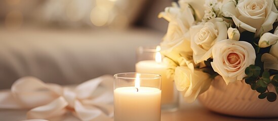 Obraz premium A beautiful arrangement of white roses and candles adorns a table set with tableware for an elegant evening. The petals of the roses add a touch of romance, creating a lovely centerpiece
