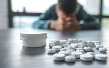The scattered pills on the table, the figure of a man in the background, the concept of drug addiction and the moment of crisis