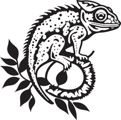 Onyx Camo Climb: Black Chameleon Logo on Twig in Vector Twilight Camouflage: Chameleon Silhouette on Black Twig Icon