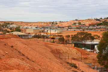 Aerial view of the Coober Pedy skyline in the outback of South Australia - Opal mining town in the...