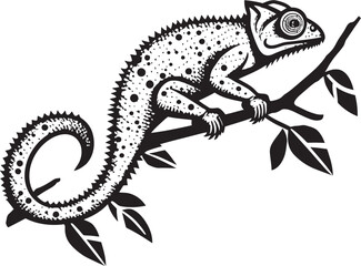 Obsidian Observer: Chameleon on Dark Twig Emblem Onyx Camo Climb: Black Chameleon Logo on Twig in Vector