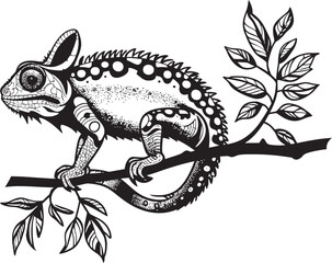 Stealthy Silhouette: Black Chameleon Logo on Twig Vector Icon Obsidian Observer: Chameleon on Dark Twig Emblem
