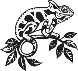 Shadow Shift: Chameleon Vector Logo on Twig in Black Noir Arboreal Adaptation: Black Chameleon Logo on Twig Vector