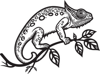 Twilight Camouflage: Chameleon Silhouette on Black Twig Icon Shadow Shift: Chameleon Vector Logo on Twig in Black