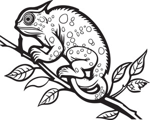 Camouflage Creep: Chameleon Silhouette on Dark Twig Icon Midnight Morph: Black Chameleon Logo on Twig Vector