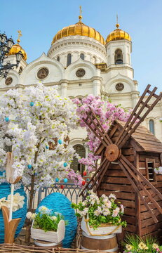 Easter composition on the background of the Cathedral of Christ the Savior