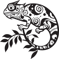 Midnight Maneuver: Black Chameleon Logo on Twig Emblem Shadowy Slink: Chameleon on Twig in Black Icon