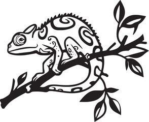Ebony Reptile: Chameleon Icon on Black Twig Stealthy Stance: Black Chameleon Logo on Branch