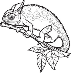 Camo Crawl: Chameleon on Black Twig Emblem Ebony Encounter: Black Chameleon Logo on Twig in Vector