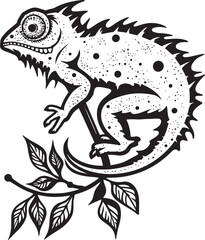Noir Navigator: Chameleon on Black Twig in Vector Camo Crawl: Black Chameleon Logo on Twig Emblem