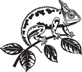 Stealthy Stalker: Chameleon on Black Twig Emblem Midnight Maneuver: Black Chameleon Logo on Twig in Vector