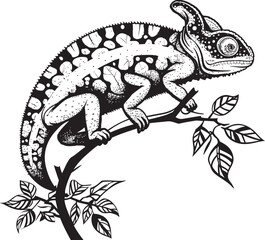 Obsidian Observer: Black Chameleon Logo on Twig Vector Stealthy Stalker: Chameleon on Black Twig Emblem