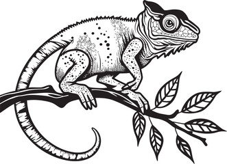 Obraz premium Midnight Maneuver: Black Chameleon Logo on Twig in Vector Shadowy Slink: Chameleon on Dark Twig Icon