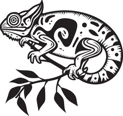 Twig-bound Chameleon: Vector Black Logo Design with Icon Stealthy Twig Perch: Chameleon Vector Silhouette in Black