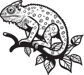 Stealthy Twig Perch: Chameleon Vector Silhouette in Black Obsidian Camouflager: Chameleon on Twig Black Logo