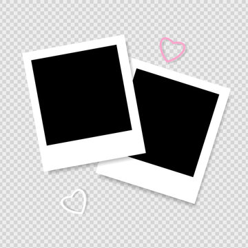 Set of Polaroid photo frame mockup  scrapbook with shadows and hearts on grey background. Vector illustration
