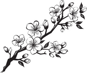 Obsidian Sakura Silhouette: Black Logo on Cherry Blossom Tree Branch Ebony Blossom Bough: Cherry Blossom Vector in Black on Twig